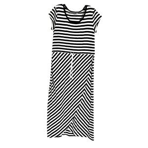 Talbots black white stripe maxi dress Size L faux wrap short sleeve